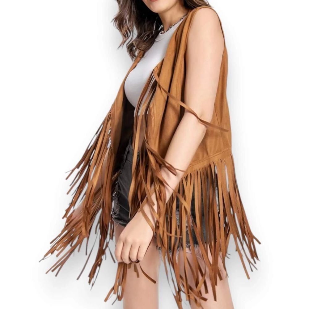 Mid Length Open Front Brown Fringe Vest NEW